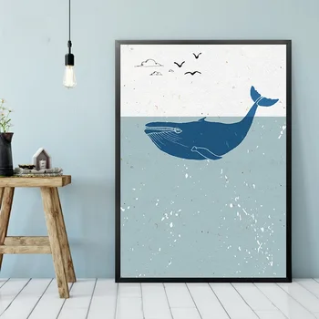Nordic Plátno Art Print Maľby Zvierat Veľryba obrazov na Stenu Cartoon Seascape Plagáty a Vytlačí detskej Izby, Dekorácie
