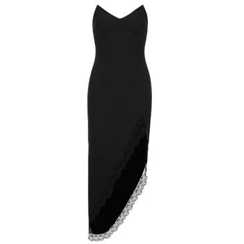 Vysoko Kvalitné Čierne Smokingy Otvoriť Vidlica Rayon Obväz Elegantné Šaty Club Party Šaty