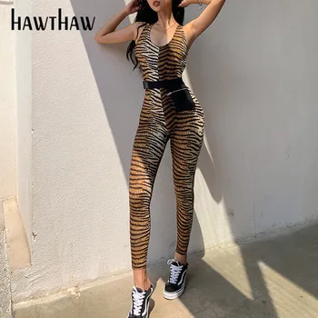 Hawthaw Ženy Jeseň Bežné Backless Jumpsuit Tiger Vytlačené Playsuit Fitness Chudá Romper 2020 Patria Športové Cvičenie Oblečenie
