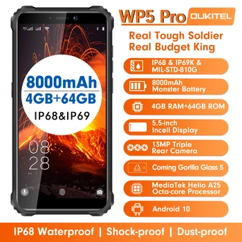 Vodotesný IP68 4 GB 64 GB Mobilné Telefónne OUKITEL pracovný balík 5 Pro Smartphone 8000mAh Triple Fotoaparát Tvár/Odtlačkov prstov ID 5,5 cm Android 10