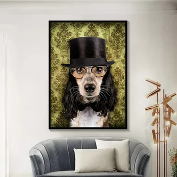 Čierna a Biela Elegantný Pes, Mačka, Vlk Fox Wall Art Plagáty A Vytlačí Zvierat Nosiť Klobúk Pierko Plátno na Maľovanie Domova
