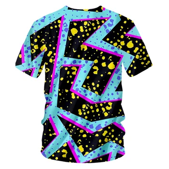 OGKB Letné T-shirt Nové Hlboko V Krku Krátky Rukáv 3D Vytlačené Geometrické Farebné Pruhované Voľný čas Veľká Veľkosť Kostým Homme Tee Tričko