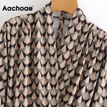 Aachoae Geometrických Tlač Riadku Vintage Šaty Elegantné Ženy V Krku Elastický Pás Ženské Šaty S Dlhým Rukávom Strany Mini Šaty