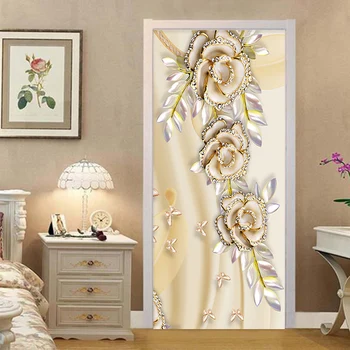 Európsky Štýl 3D Stereo Kvety nástenná maľba Tapety, PVC Samolepiace Vodotesné Dvere Nálepky, Obývacia Izba, Spálňa Luxury Home Decor