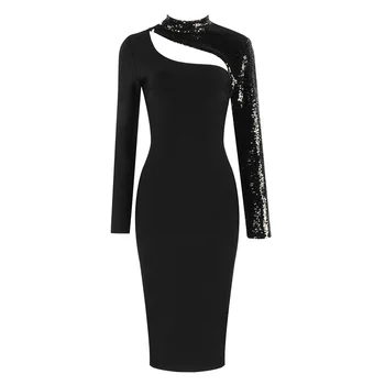 Vysoko Kvalitné Čierna Dlhý Rukáv Otvor Bodycon Rayon Obväz Šaty Strany Elegantné Šaty