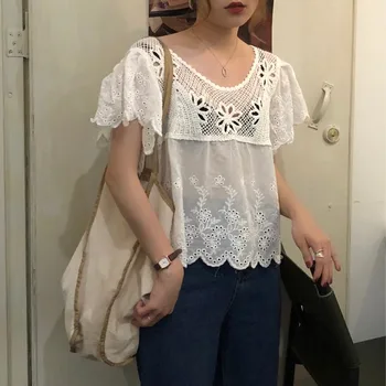 Sladké Leto Ženy Topy 2020 Nový kórejský módne oblečenie Duté z blúzka-Krátke rukávy výšivky tričko