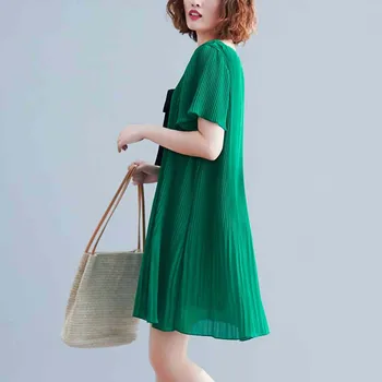 #0226 Lete Zelené Skladaný Šifón Šaty Ženy Krátke Rukávy Príležitostné Voľné Nadrozmerné V Krku Bežné A-line Mini Šaty Dámske