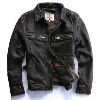 Vintage originálne kožené bundy mužov čierna kožená bunda na motocykel mužov reálne cowskin kožený kabát pre mužov real skin vietor bunda