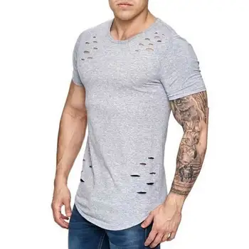 2021 Nové Letné Krátke Sleeve T Shirt Muži Móda Otvor Určený Fitness T-shirt Farbou Slim Fit Hip Hop pánske tričko MY068