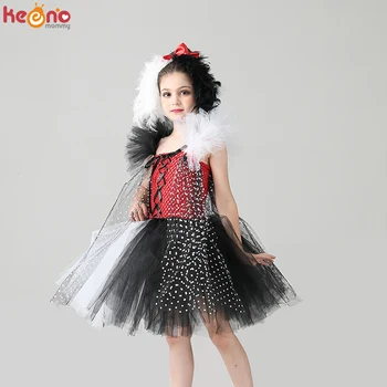 Cruella De Víl inšpiroval Dievčatá Tutu Šaty s hlavovým oblúkom Deti Dalmatians Darebák Halloween Kostým Polka Dot Deti Party Šaty
