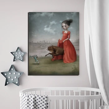 Dievča A Kravy Od Mark Ryden Umelecké plátno, Vytlačí Maľovanie obrazov na Stenu Pre Moderné Spálne Domova Príslušenstvo umelecké Diela