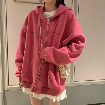 Zip-up Ženy kórejský Štýl hoodies Vintage Farbou Dlhý Rukáv Nadrozmerné Mikina s Kapucňou Lady Ženy Bežné Veľké Kabáty