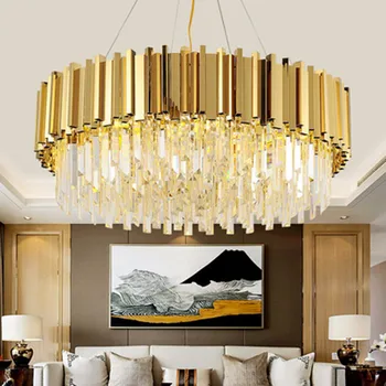Obývacia Izba Luxusné Zlaté Kovové Kolo Lesk K9 Crystal Led Svetiel Prívesok Luminaria Visí Na Čítanie Vnútorné Osvetlenie Lamparas Zariadenie