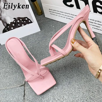 Eilyken 2021 Lete Nové Sexy Štvorcové Prst Papuče Tkaných Ženy Dámy Flip Flop Tenké Vysoké Podpätky Outdoorové Sandále Listov Topánky
