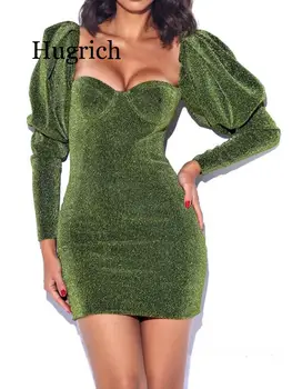 2020 Nové Jarné Dlhý Rukáv, Zelená Lesk Šaty, Sexy Dekoltu Úsek Bling Oblečenie Celebrity Strany Lístkového Ramenný Mini Šaty