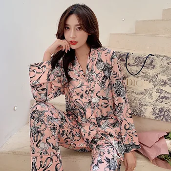 Móda Kvet saténu ice hodváb ženy pyžamo sady Kórea eleganciu dlhý rukáv, nohavice sleepwear ženy pyžamá 99087