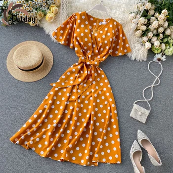 Cotday V Krku Tlače Dot Slim S Krátkym Rukávom A-Línia Pásu Vintage Polka 2020 Nové Orange Summer Ženy Elegantné Polovici Teľa Dlhé Šaty