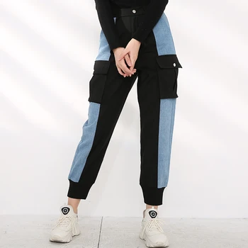 [EAM] Vysoko Elastický Pás Kontrast, Farba Modrá Dlho Džínsové Nohavice Nové Loose Fit, Nohavice Ženy Móda Jar Jeseň 2021 1DD158201