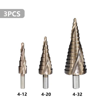 CMCP 3ks HSS Krok Drill Bit Nastavený 4-12mm 4-20 mm 4-32mm TiCN Potiahnuté Core vrtáka Drevo, Kov Vŕtania otvorov
