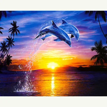 5D DIY Plné Námestie/round-Diamond Maľovanie západ Slnka Dolphin Výšivky Cross Stitch Drahokamu Mozaiky Domova