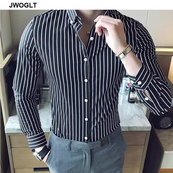 Jeseň Nový Kórejský Módne Bežné Tlačidlo Dole Tričko Mužov Dizajn Značky Slim Fit Muž Tričká Dlhý Rukáv Pruhované Tričká