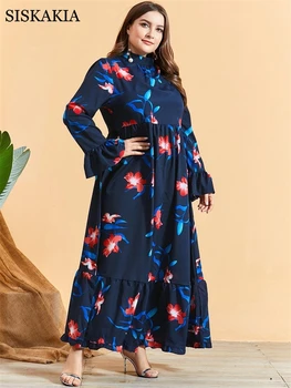 Siskakia Námornícka Modrá Kvetinový Maxi Dresse pre Ženy Elegantný Stojan Golier Svetlice Dlhý Rukáv Ríše Swing arabské Moslimské Oblečenie Jeseň