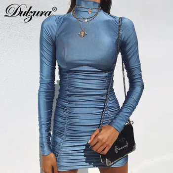 Dulzura ženy sexy bodycon mini šaty 2019 jeseň zimné oblečenie s dlhým rukávom vysoká krku smocking party šaty