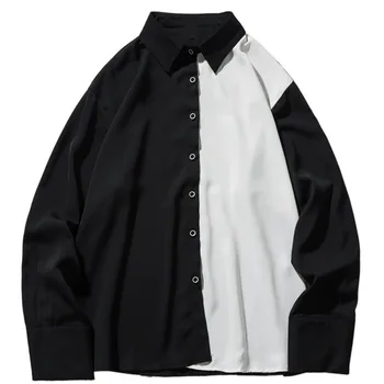 IEFB /pánske a dámske oblečenie vintage nové trendy Čierne A Biele Farby blok patchwork Tričko 2021 Jar Nepravidelný topy 9Y1386