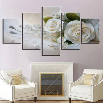 Plátno HD Výtlačkov Obrázkov Modulárny Wall Art Plagáty Rámec 5 Ks Biele Ruže, Kvety Obrazy Pre Obývacia Izba Domova