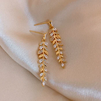 Hot predaj módne šperky nádherné medi vykladané zirkón listov pšenice ucho strapec náušnice elegantné dámske prom party náušnice