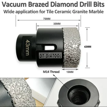 DT-DIATOOL 1pc Dia43mm Suché Vysávače Brazed Diamond Core Bitov Otvor Videl M14 Závit Suché alebo mokré Vŕtanie vrtáky s Segment výška 15 mm