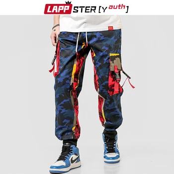 LAPPSTER-Mládež Camo Cargo Nohavice Mužov 2020 Nohavice Pánske Neforemné Farebný Blok Hip Hop Joggers Veľké Vrecká Modré Tepláky Plus Veľkosť
