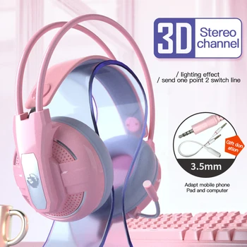 Profesionálny Hráč 7.1 Priestorový Zvuk Ružová Slúchadlá Herné Headset Káblové S Mikrofónom Pre PC Počítač Dary