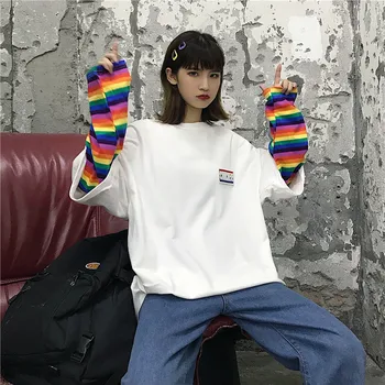 2020 nový sveter ženy jeseň tenké voľné voľné rainbow pruhy šitie falošné dvoch-dielny dlhým rukávom t-shirt top ženy