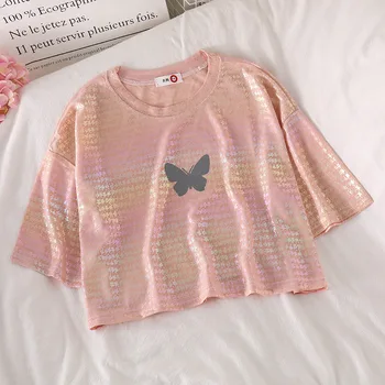 2020 NOVÉ Ružové tričká Motýľ Tlače, Reflexné Topy Voľné Letné Tričko Krátky Žien Nadrozmerné Streetwear
