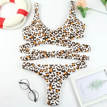 TYAKKVE 2021 Nové Leopard Bikini Set Plavky Ženy Criss Cross Obväz Plavky Brazílske Tangá plavky Plážové oblečenie