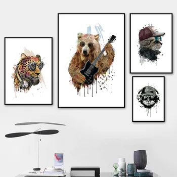 Cartoon Medveď Leopard Mačka Gitarová Hudba Wall Art Plátno Na Maľovanie Nordic Plagáty A Vytlačí Zvierat Stenu Obrázky Detská Izba Decor