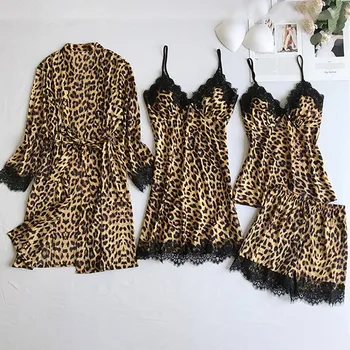 Ženy Pyžamo Sady Satin Leopard Tlač Sleepwear Hodváb 4 Kusy Odev Pyžamo Popruh Čipky Spánku Salónik Pijama Plus Veľkosť 3XL