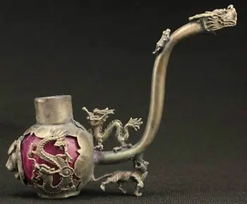 Nádherná Čínska Vintage Tibetského Striebra Vykladané s Umelým Jade Handwork Dragon Fajčenie Rúry