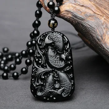 Ryby Prírodné Čierna Obsidián Jade Prívesok Náhrdelník Čínsky Ručne Vyrezávané Kapor Jemný Pôvab Šperkov Amulet Príslušenstvo pre Mužov, Ženy