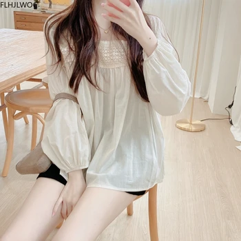 Plus Veľkosť Detské tričko Voľné Oblečenie 2020 Jeseň Dlhý Rukáv Bežné Námestie Golier Kórea Japonsko Elegantný Štýl Ženy Vintage Bavlna Topy
