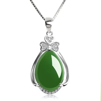 Prírodné Green Jade Chalcedony Kvapka Vody Prívesok 925 Strieborný Náhrdelník Čínsky Vyrezávané Kúzlo Šperky, Módne Amulet Darčeky pre Ženy