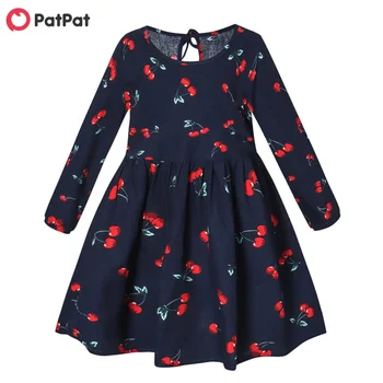 PatPat 2021 Nové Jarné a Letné Detské Batoľa Dievča Cherry Tlač Dlho rukáv Šaty detské Oblečenie