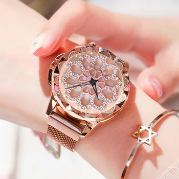 Luxusné ružové zlato hodinky ženy Magnetické 360 stupňov rotácie quartz náramkové hodinky pre ženy dámske hodinky hodiny zegarek damski