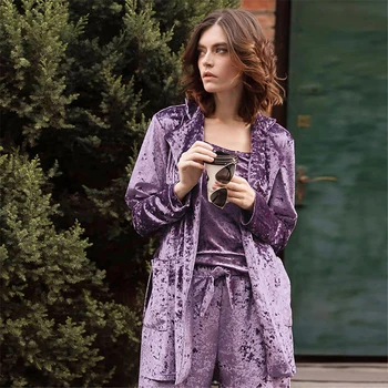 Zimné Tri-Kus Velet Pyžamá pre Ženy Satin Farbou Strednej Dĺžky Domov Cacual Pohodlné Sleepwear Lady Housewear