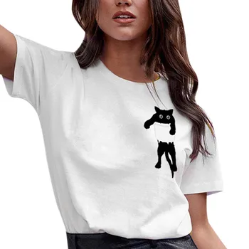 2020 Ženy, Mačka Tlače T-shirt Voľné Krátky Rukáv Bežné Jednoduché O-Krku Topy Jar Jeseň Streetwear blusas femininas deverão