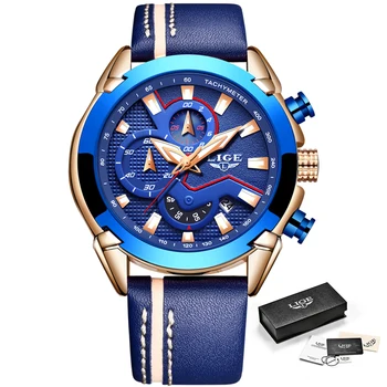 2019 LIGE Top Značky pánske Chronograf Analóg Quartz Hodinky Dátum Svetelný Nepremokavé Modrý Kožený Remienok Wristswatch pre Človeka Reloje