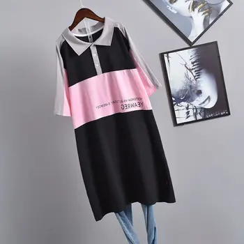 2020Summer Nové kórejské Ženy Plus Veľkosť Voľné Slim-Krátke rukávy T-shirt Sukne Ležérne Módne Kontrast Farieb T-shirt Doprava Zadarmo