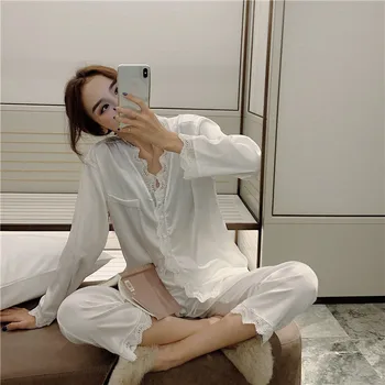 Biela čipka ženy pyžamo nastaviť dlhý rukáv v krku bežné mäkké umelú hodváb sleepwear domáce oblečenie nastaviť sexy pijama odev Y007