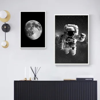 Čierna a biela astronaut mesiac dekorácie, maliarske štúdio plátno na maľovanie domov, obývacia izba, jedáleň